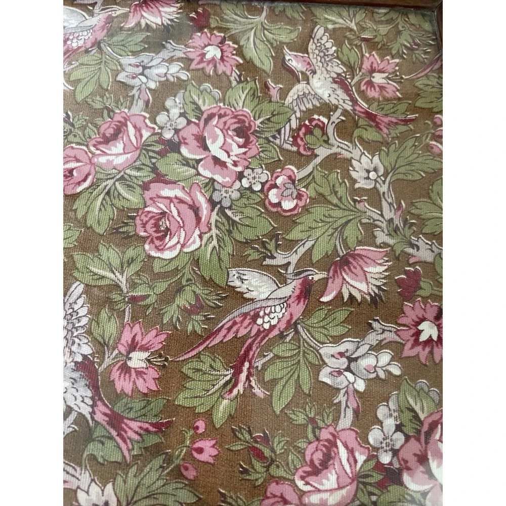Antique Wood Framed Floral Bird  Tapestry Fabric Under Glass Handled Tray 10x19